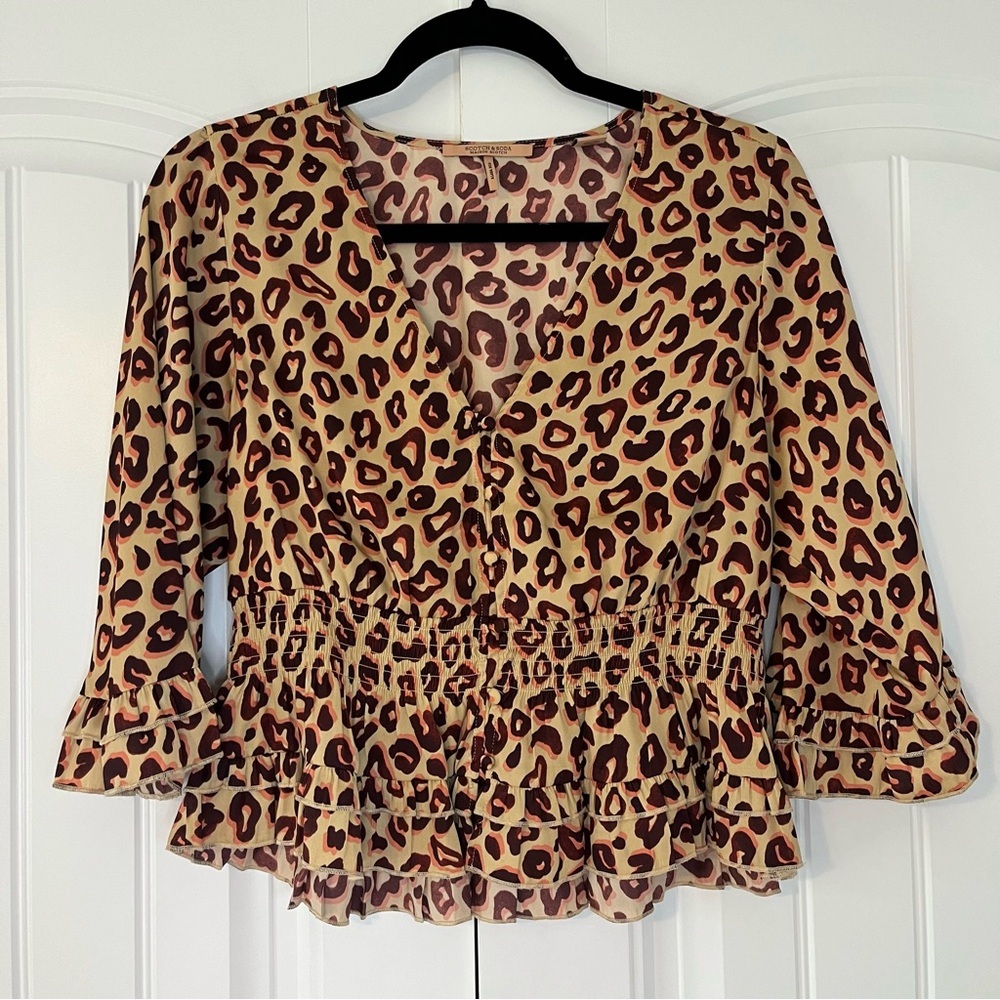 Scotch and Soda Aloha Hula Top Size Small Leopard Blouse Peplum